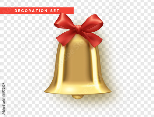 Fotografía Traditional holiday decoration element, golden bell with red bow