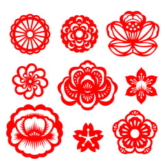 Canvas Print - Red paper cut flowers china vector set design