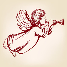 Angel Flies And Plays The Trumpet , Religious Symbol Of Christianity Hand Drawn Vector Illustration Sketch