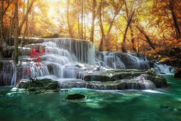 Huay Mae Kamin Waterfall, beautiful waterfall in autumn forest, Kanchanaburi province, Thailand