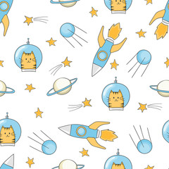  Seamless childish space pattern with cute cats astronauts, rockets, stars, planets.