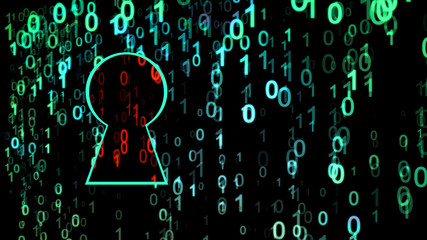 Safety concept. Closed padlock on digital background, cyber security, Green abstract hi speed internet technology background. Red vulnerable area in the key hole.