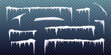 Set Of Snow Icicles Isolated On Transparent Background. Vector Illustration
