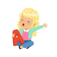 Wall Mural - Little blonde girl sitting with crossed legs and holding toy letter A in hand. Educational game for development of speech, therapy exercise. Flat vector design