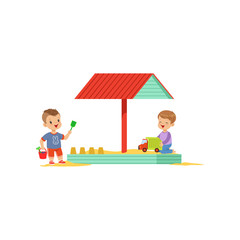 Sticker - Cartoon kids characters playing in wooden sandbox with cover-shed. Boy playing with toy truck car, other child making sand castle