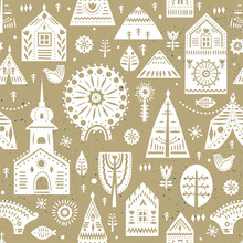 Vector Seamless Pattern In Scandinavian Style On A Winter City Theme. Beige And Whte Colors.