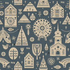 Vector seamless pattern in Scandinavian style on a winter city theme. Beige and blue colors.