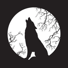 Silhouette Of Wolf Howling At The Full Moon Vector Illustration. Pagan Totem, Wiccan Familiar Spirit Art