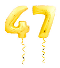 Golden Number Forty Seven 47 Made Of Inflatable Balloon With Ribbon On White