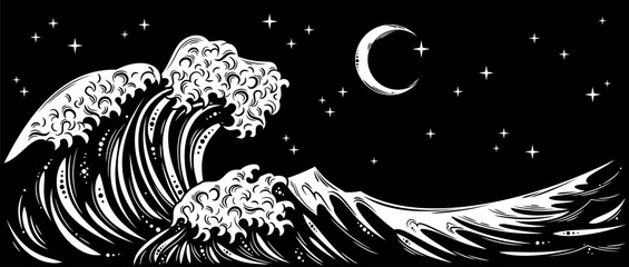 Storm waves with foam and starry night sky and the moon