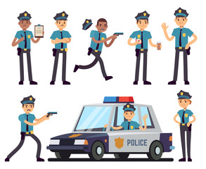 Wall Mural - Cartoon policewoman and policeman characters in police uniform vector set