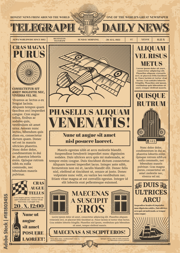 Vetor Old newspaper vector template. Retro newsprint with text and