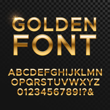 Golden Glossy Vector Font Or Gold Alphabet. Yellow Metal Typeface