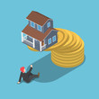 © Jiw Ingka - Isometric house on the top of golden coin falling to businessman.