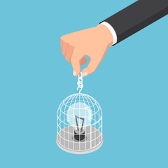 Poster - Isometric businessman hand holding birdcage with light bulb.