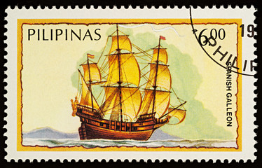 Sticker - Spanish galleon on postage stamp