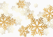 Winter Holiday Pattern With Golden Bright Shining Snowflakes With Gold Glitter.