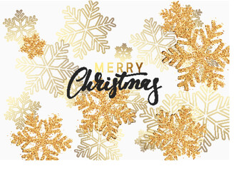 christmas background with shining gold snowflakes. lettering merry christmas. xmas festive greeting 