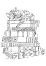 Kitty Sleeps On A Stack Of Books. Hand Drawn Picture. Sketch For Anti-stress Adult Coloring Book In Zen-tangle Style. Vector Illustration  For Coloring Page.