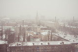 Fototapeta Londyn - Foggy snowy winter day in Voronezh. Aerial view
