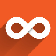 Canvas Print - Infinity symbol icon. Concept of infinite, limitless and endless. Simple white vector design element with gradient long shadow isolated on orange background.