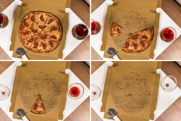 Canvas Print - Salami Pizza in different stages (collage, view from above)