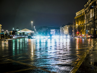 night city traffic buildings dark street road highway car architecture