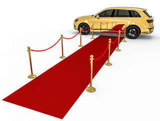 Wall Mural - Waiting limousine / 3D render image representing a high class limousine with a open door waiting at the end of a red carpet 