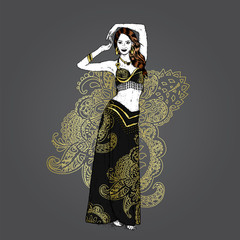 Beautiful Asian girl dancing. Vector illustration. Belly dance. East.