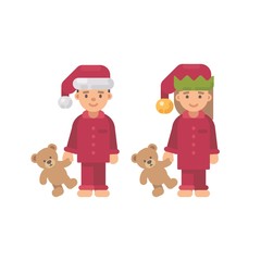 Two children in Christmas hats and red pajamas holding teddy bears