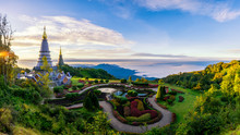 Sunrise Scence Of Two Pagoda On The Top Of Inthanon Mountain In Doi Inthanon National Park, Chiang Mai, Thailand.