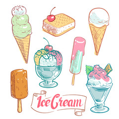 Wall Mural - Hand drawn ice cream set isolated on white background