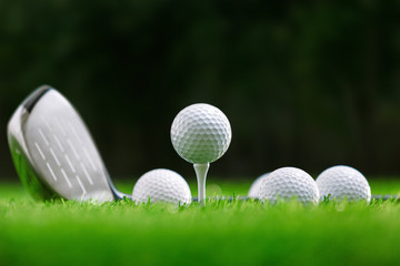 Wall Mural - Golf balls and golf club on green grass