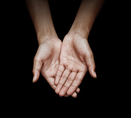 woman cupped hand in black background with clipping path