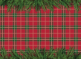red, green checkered pattern background with christmas tree decoration