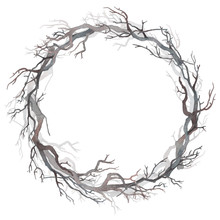 Watercolor Wreath Of Bare Branches. Beauty Of Winter Nature.