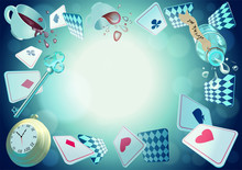 Alice In Wonderland. Playing Cards, Pocket Watch, Key, Cup And Poison Falling Down The Rabbit Hole. Vector Background, Horizontal Banner