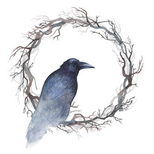 Watercolor Painting Of A Black Raven Sitting Inside A Wreath Of Bare Branches.
