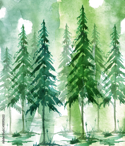 Watercolor Art Illustration Drawing Of The Forest Pine Tree Spruce Cedar Dark Dense Forest Suburban Landscape A Beautiful Burst Of Paint Blue Purple Green Purple Postcard Logo Card Buy This Stock