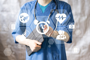 doctor pushing button clock time icon healthcare network on virtual panel medicine