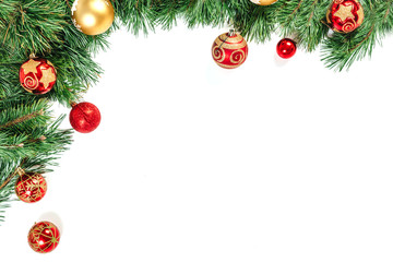 christmas frame - tree branches with gold and red balls isolated on white background. isolate.