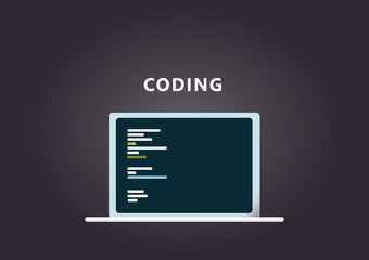 Wall Mural - laptop with code lines, on dark grey background