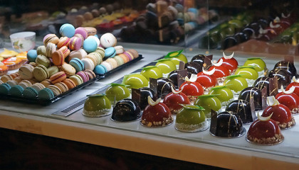 Desserts, sweets and treats display in the pastry shop