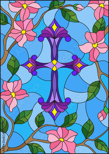 witraz-ilustracja-z-purpurowym-chrzescijanina-krzyzem-w-menchii-fl-i-niebie