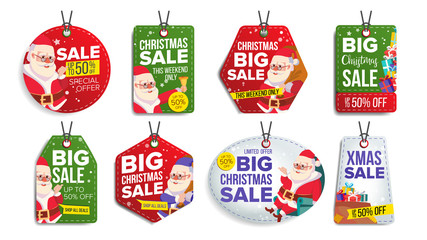 Sticker - Christmas Sale Tags Vector. Flat Christmas Special Offer Stickers. Santa Claus. 50 Off Text. Hanging Red, Green, Blue Banners With Half Price. Modern Illustration