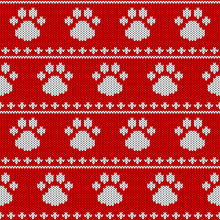 Abstract Knitted Dog Paw Seamless Pattern Background. Knit Texture For Design New Year Card, Christmas Invitation, Holiday Wrapping Paper, Winter Vacation Travel And Ski Resort Advertising Etc.
