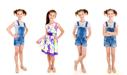 collection of photos adorable smiling little girl child in princess dress isolated