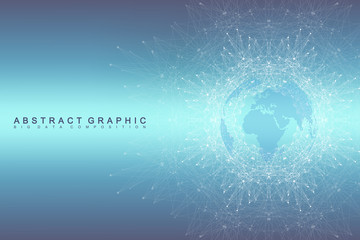 Geometric graphic background communication. Global network connections. Wireframe complex with compounds. Perspective backdrop. Digital data visualization. Scientific cybernetic vector.