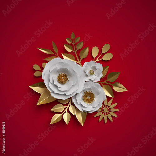 3d Render Paper Flowers Floral Bouquet Red White Gold Botanical Background Christmas Decoration Stock Photo Adobe Stock