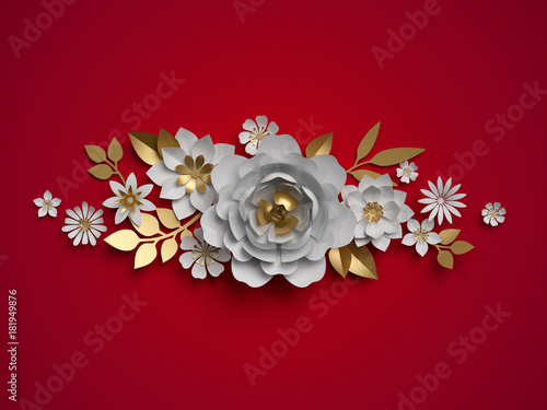 Foto 3d render, white gold paper flowers, floral border, botanical border, red backgr